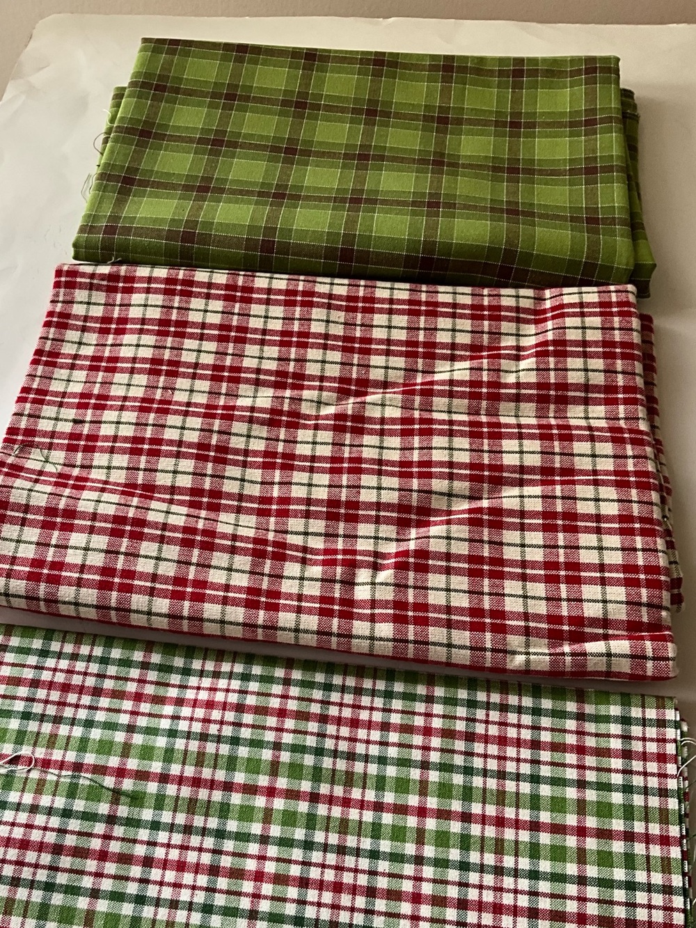 Lot of 3 Check/Plaid Fabric Pieces Green Red White Christmas Holiday Theme Color